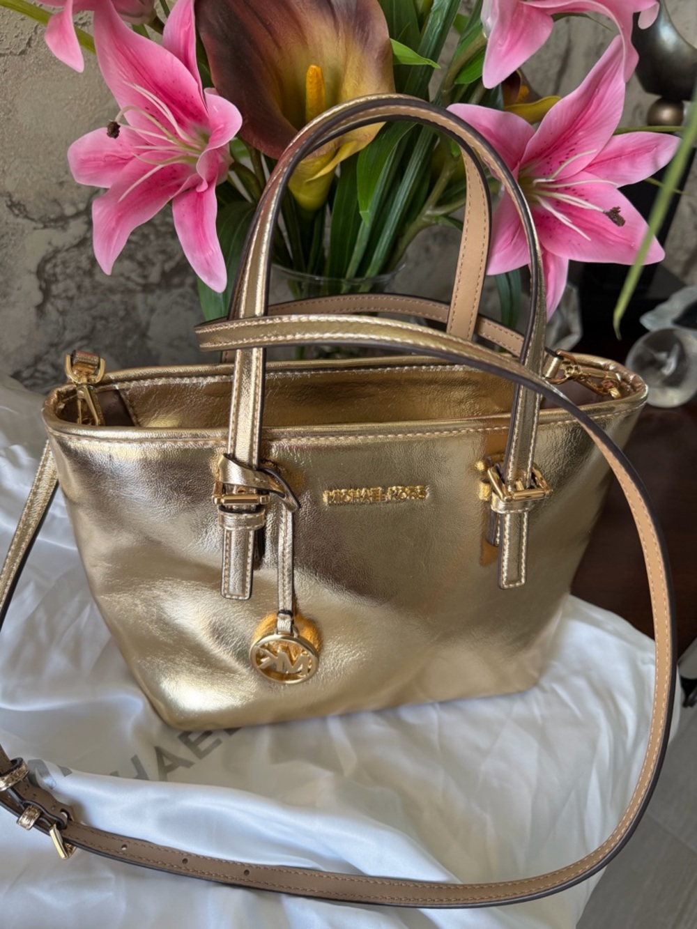 Michael Kors Metallic Gold Leather Tote with Crossbody Strap